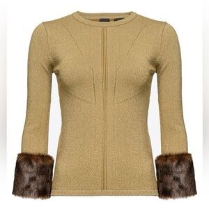 Pinko Women’s Menthe Elegant Green Gold Sweater Top with Faux-Fur Cuffs XS-S